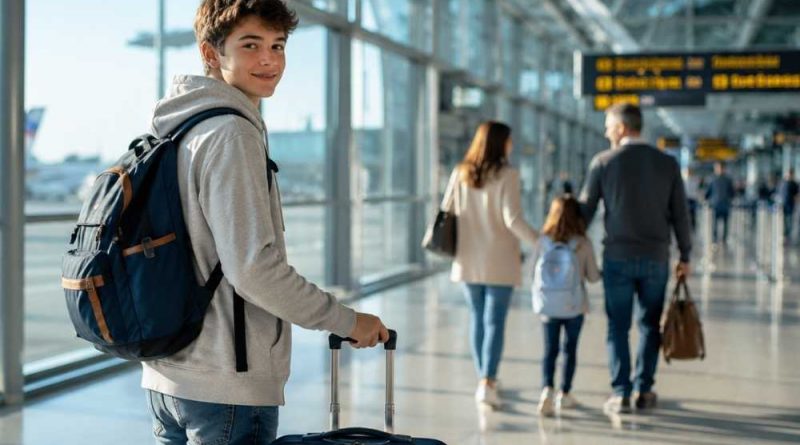 Studente con valigia pronto per un viaggio studio all’estero