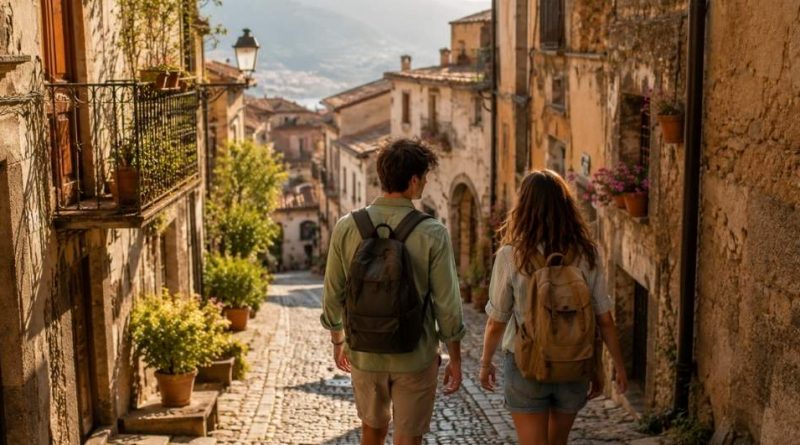 Viaggiatori in un centro storico durante un weekend culturale in Calabria